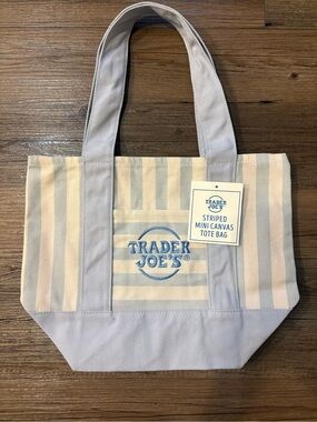 Trader Joe's Striped Mini Canvas Tote Bag in Light Blue and Cream